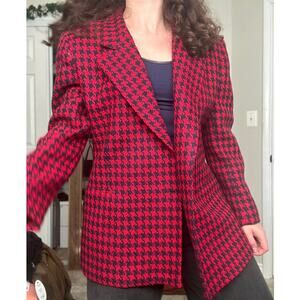 Vintage 100% Wool Blazer Collared Jacket Business Office Navy Red Houndstooth